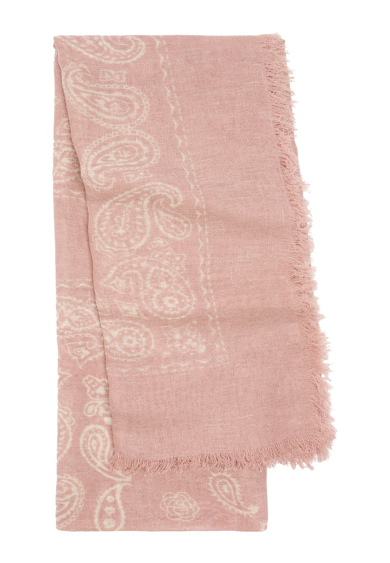 Różowy szalik w wzór paisley, wykonany z miękkiego materiału z frędzlami. Wzór zawiera skomplikowane motywy paisley w jaśniejszym odcieniu.