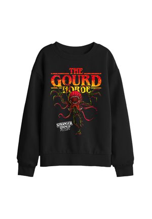 Black sweatshirt with red and yellow "The Gourd Horde" text and a monstrous plant graphic from Stranger Things Tales from the Loop series.