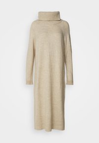 Abito beige a collo alto a coste realizzato in morbido tessuto a maglia. Presenta maniche lunghe e arriva fino al polpaccio con una vestibilità comoda.