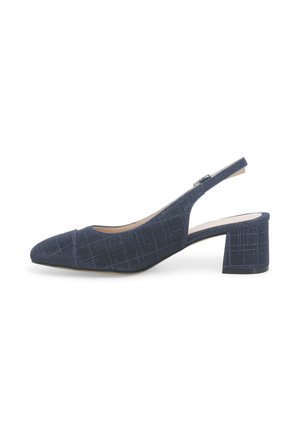Décolleté slingback blu navy con tacco basso a blocco, punta arrotondata e motivo a quadretti sottile sulla tomaia in tessuto.