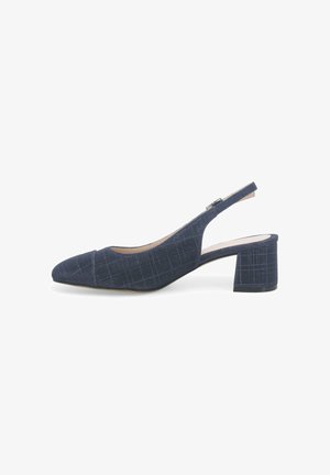 Décolleté slingback blu navy con tacco basso a blocco, punta arrotondata e motivo a quadretti sottile sulla tomaia in tessuto.