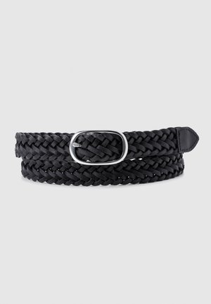 Black braided leather belt with silver oval buckle, rolled, shown on plain light gray background.