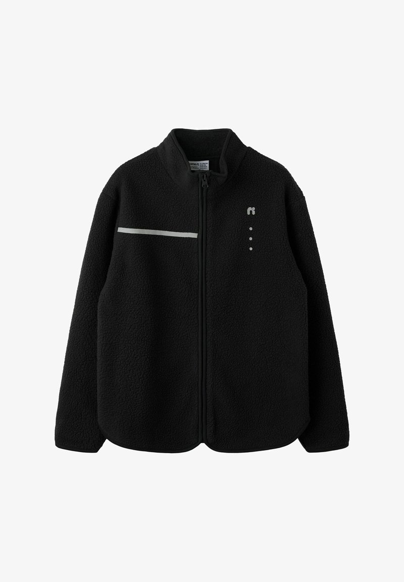 Veste polaire noire à fermeture éclair intégrale avec col haut, bande réfléchissante horizontale sur la poitrine gauche et petit logo avec quatre points sur la poitrine droite.