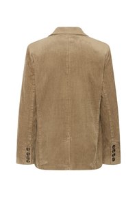 Blazer en velours côtelé marron au design structuré, avec des côtes verticales, un col cranté et des accents de boutons sur les manches.