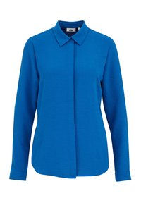 Blaues Langarmhemd mit Knopfleiste, Kragen und strukturiertem Stoff. Hat eine taillierte Passform und eine glatte, gleichmäßige Farbe.