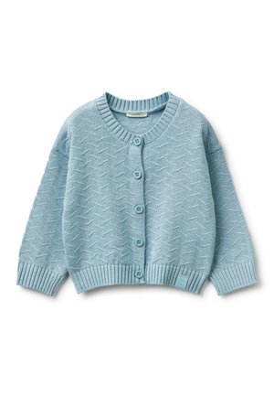 Cardigan per neonati azzurro chiaro lavorato a maglia con maniche lunghe, cinque bottoni frontali, scollo rotondo e motivo a zigzag strutturato.