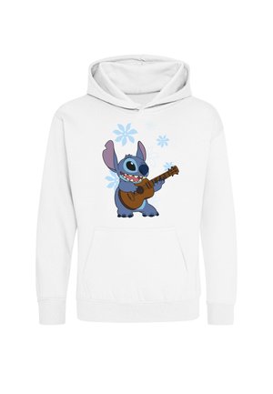 Hvid hættetrøje med en tegneseriefigur, der spiller på en brun guitar, omgivet af lyseblå blomsterformer på forsiden.