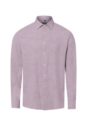 Men’s long-sleeve button-up shirt with button-down collar, light purple with subtle checkered pattern, and white buttons down front.