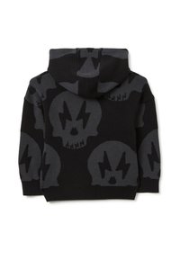 Sudadera negra con un patrón repetido de calaveras grises y rayos, hecha de un material de punto, con capucha ajustable y puños acanalados.