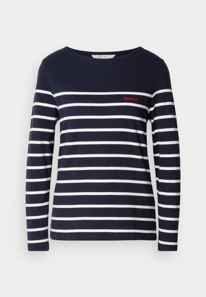 Camisa de manga longa azul-marinho com riscas brancas horizontais e um pequeno logótipo vermelho da Barbour no peito. Material em algodão com decote redondo.