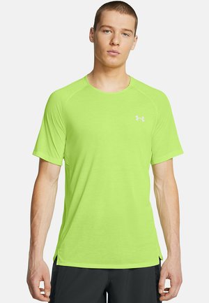 Neon žalia trumpomis rankovėmis atletinė marškinėlė, pagaminta iš lengvos medžiagos, su apvalia iškirpte ir Under Armour logotipu ant krūtinės.