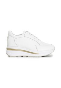 Hvide lædersneakers med rund tå, snørebåndsdesign og gylden accentstribe på sålen. Blød tekstur og minimalistisk æstetik.