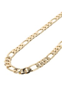 Gouden kettinghalsketting met in elkaar grijpende schakels met een gepolijste afwerking, die het licht weerkaatst. Het ontwerp is uniform in breedte.