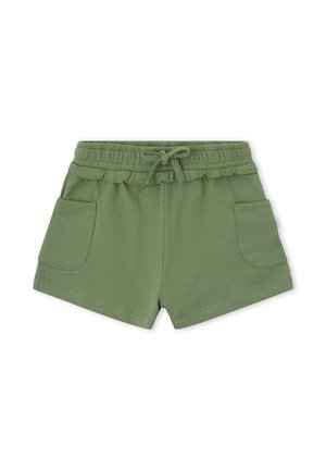 Pantalones cortos de tela verde con textura, cintura elástica, cordón ajustable, borde festoneado y dos bolsillos delanteros.