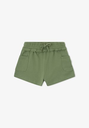 Pantalones cortos de tela verde con textura, cintura elástica, cordón ajustable, borde festoneado y dos bolsillos delanteros.