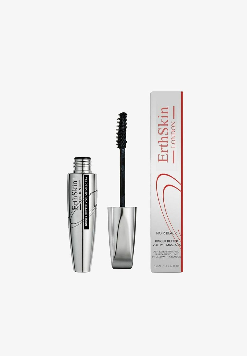 Silver cylindrical mascara tube with black bristle wand beside a rectangular white box featuring red accent lines and product details.