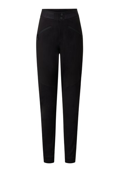 Black pants with a smooth texture, featuring two zippered side pockets and a wide waistband with branding. Tapered design with contrast accents.
