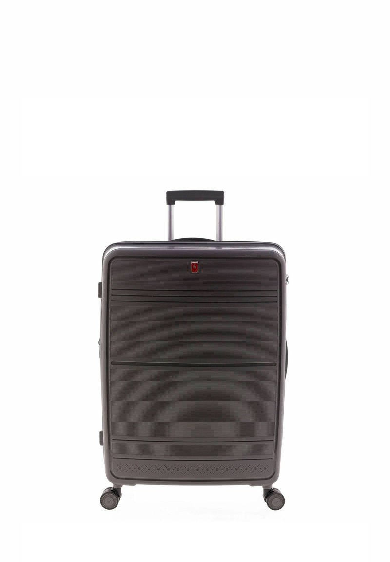 Hartschalenkoffer in mattem Schwarz mit horizontalen Rillen, einem versenkten Griff, 4 Rädern und einem strukturierten Bodendesign.