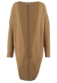 Cardigan en maille de couleur marron chaud avec une coupe ample, des manches larges et un bord contrastant le long de l'avant ouvert. Tissu texturé avec un design décontracté.