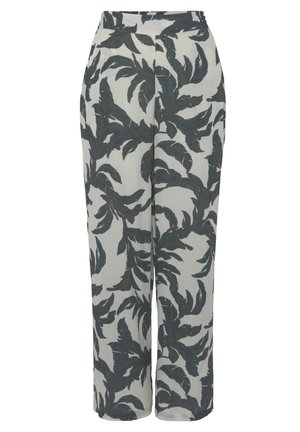 Lightweight, patterned fabric trousers with a gray base and dark green leaf design. Features a straight leg and elastic waistband.