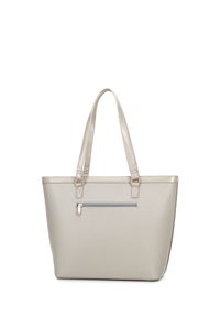 Borsa tote grigia con superficie liscia, doppi manici, una tasca con zip e dettagli in hardware color oro rosa. Forma rettangolare con design strutturato.