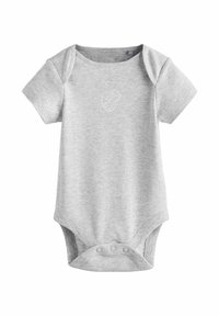 Gray short-sleeve baby bodysuit made of soft cotton, featuring snap closures at the bottom and a simple outlined duck design on the chest.