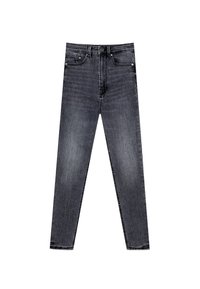 Jeans in denim grigio scuro con design a gamba dritta, dotati di tasche frontali, passanti per cintura e chiusura a bottone. Leggera scoloritura visibile.