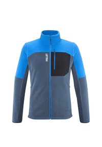 Blue and gray fleece jacket, full zip with standing collar, featuring a black chest pocket and contrasting blue accents on shoulders.