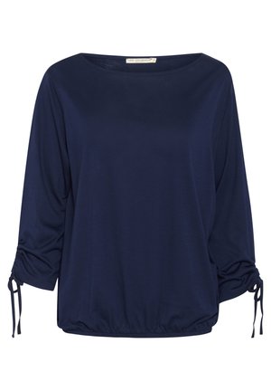 Navyblaues Langarmoberteil aus einem weichen Stoff, mit einem weiten Bootsausschnitt und Kordelzug-Details an den Ärmeln und dem Saum für eine verstellbare Passform.