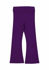 Leggings viola a campana realizzati in tessuto elasticizzato, caratterizzati da una vita alta e una superficie liscia, adatti per l'abbigliamento informale.