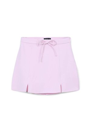Light pink skirt with a drawstring waist, two front slits, and a smooth texture. Simple design with no additional embellishments or patterns.