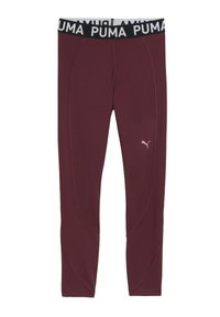 Bordeaux atletiske leggings med sort elastisk talje, der har "PUMA"-trykt, glat tekstur og pink logo på venstre lår.
