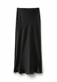Schwarzer Satin-Midi-Rock mit glatter Textur, elastischem Bund und gerader Silhouette mit leicht ausgestellt geschnittenem Saum.