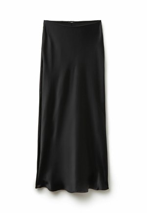 Czarna satynowa spódnica midi o gładkiej fakturze, z elastycznym pasem i prostym krojem z lekko rozszerzanym dołem.