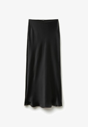 Czarna satynowa spódnica midi o gładkiej fakturze, z elastycznym pasem i prostym krojem z lekko rozszerzanym dołem.