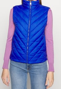 Blue quilted vest with a high collar, featuring chevron stitching and a front zipper. Worn over a pink long-sleeve top.