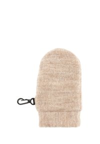 Handschuh aus Wollmischung in hellem Beige mit weicher Textur, abgerundeter Oberkante und einem schwarzen Clip-Verschluss zum Sichern.