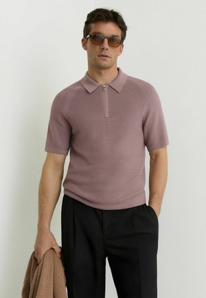 Mees, kes kannab pruuni lühikeste varrukatega T-särki, millel on lukk ja krae, ning musti pükse, hoides pruuni kampsunit, päikeseprillid peas ja käe pükstetaskus.