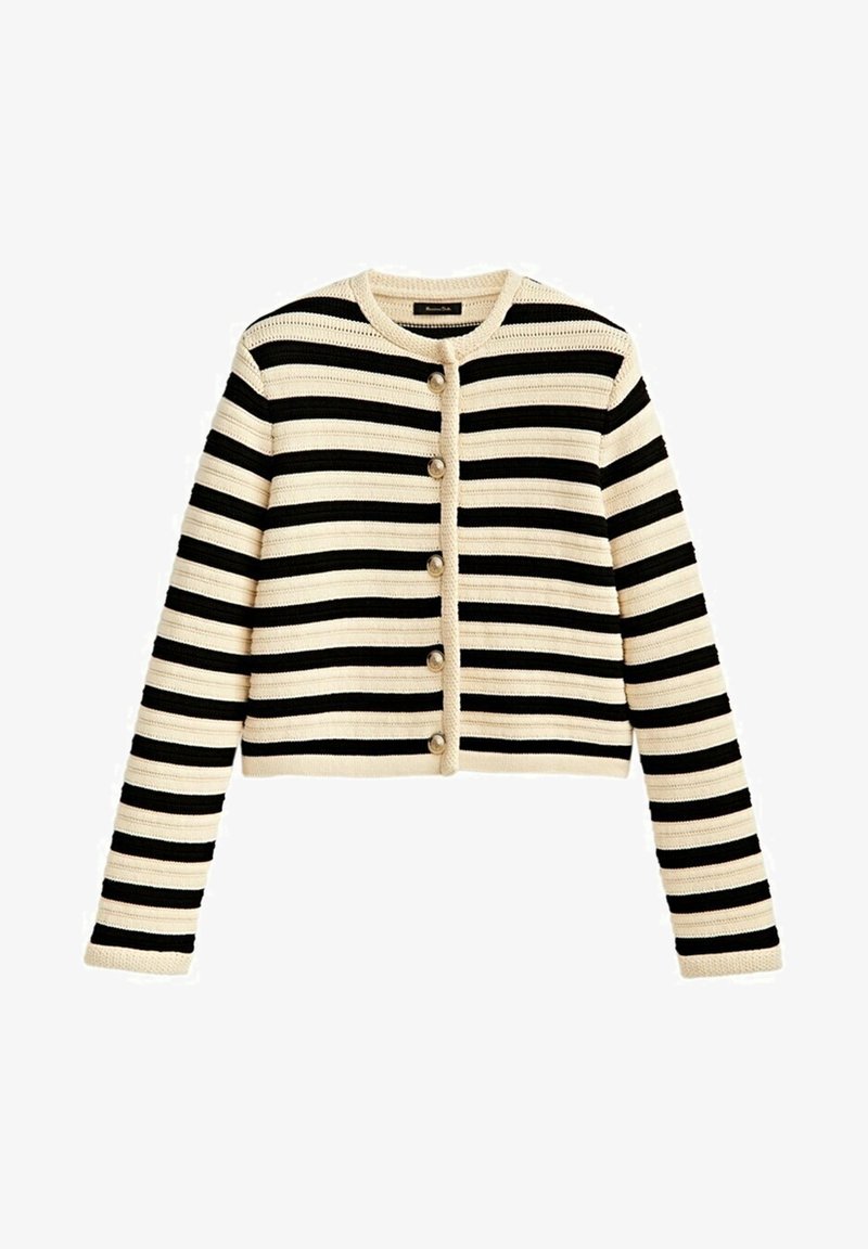 Striped cardigan in cream and black, knit material, cropped design, featuring six pearl buttons down the front. Long sleeves with ribbed cuffs.