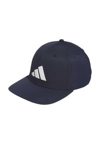 Mørkeblå kasket med et tekstureret stof, der har et stort hvidt Adidas-logo på fronten og en buet skygge. Justerbar bagside.