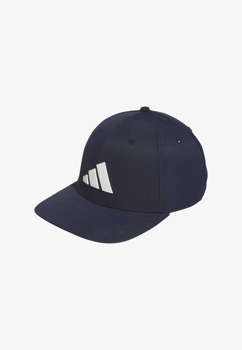 Boné azul-marinho com um tecido texturizado, apresentando um grande logótipo branco da Adidas na frente e uma aba curva. Com tira traseira ajustável.