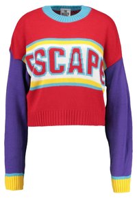 Czerwony i fioletowy sweter na drutach o krótkim kroju. Na przodzie napis „ESCAPE” w kolorze niebieskim, podkreślony żółtymi i zielonkawymi pasami. Teksturowany, prążkowany dół.