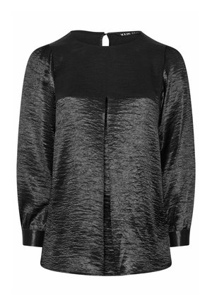 Schwarze Bluse aus einem glänzenden, strukturierten Stoff. Hat lange Ärmel, einen runden Halsausschnitt und eine kleine Schlüssellochöffnung hinten. Einfaches Design.