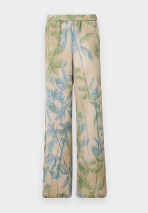 Relaxed-fit, lightweight trousers in beige with green and blue palm leaf prints, featuring an elasticated waistband and wide legs.