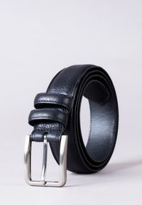 Black leather belt with a smooth texture, featuring a silver rectangular buckle and a double-loop design near the buckle.