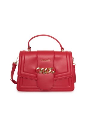 Borsa a mano in pelle rossa con manico superiore, tracolla staccabile, dettaglio a catena dorata e logo "TWINSET" sulla patta frontale.