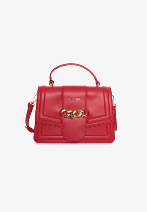 Borsa a mano in pelle rossa con manico superiore, tracolla staccabile, dettaglio a catena dorata e logo "TWINSET" sulla patta frontale.