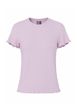 Light purple ribbed short-sleeve top with round neckline and ruffled edges on sleeves and hem.