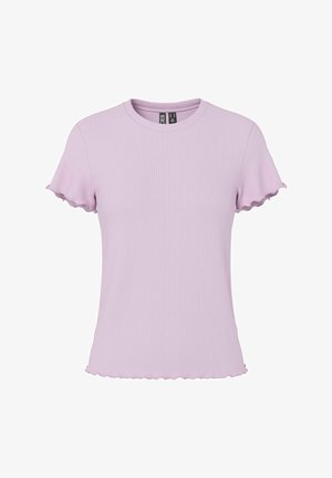 Haut violet clair côtelé à manches courtes avec encolure ronde et bords froncés aux manches et à l'ourlet.
