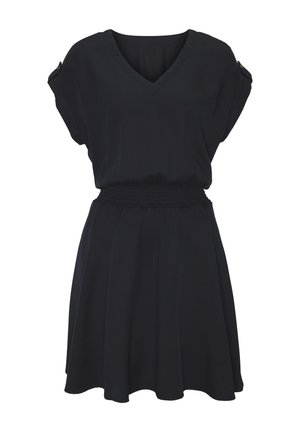 Schwarzes kurzes Kleid mit V-Ausschnitt, geknöpften aufgerollten Ärmeln, gerafftem elastischem Taillenbund und ausgestelltem Rock.